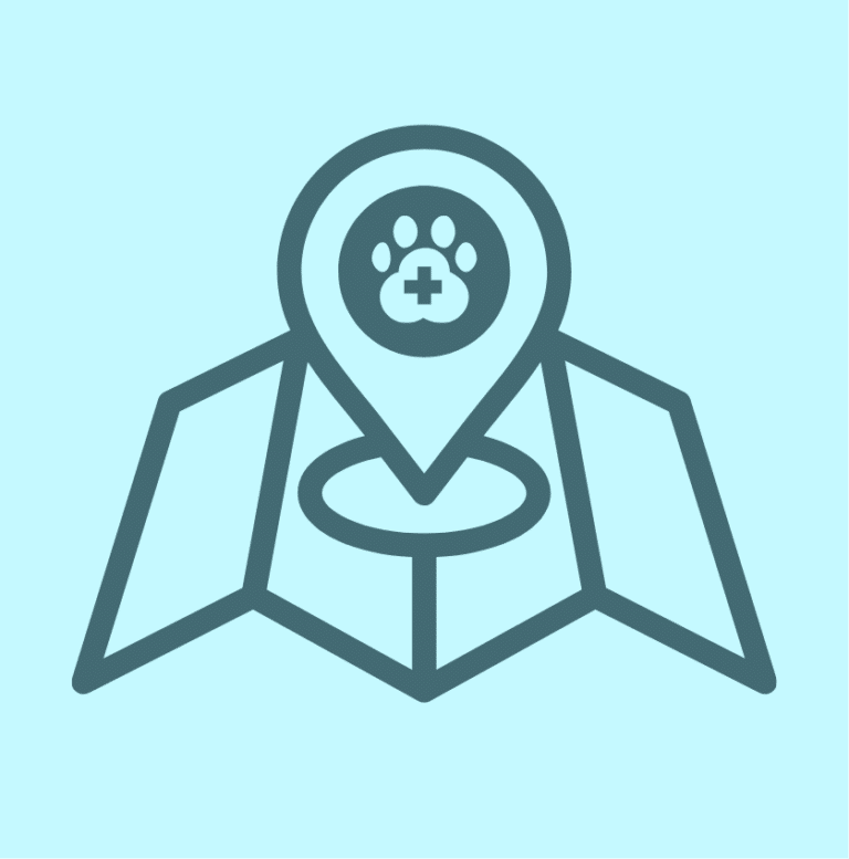Map pin with veterinary paw symbol representing local marketing for vet clinics