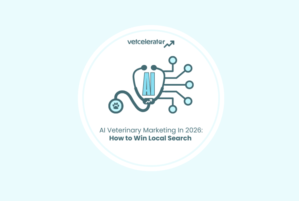AI veterinary marketing header graphic with stethoscope and data connections representing local search strategy for vet clinics