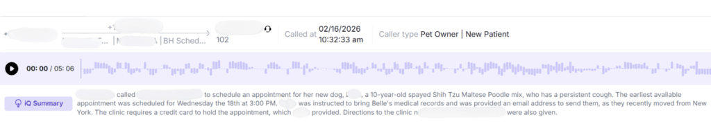 Example of call summary and client concerns captured for a veterinary visit inside practice management software