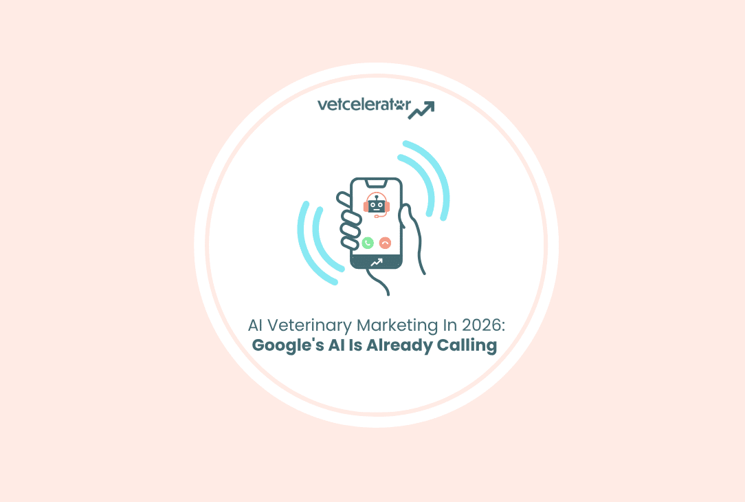 Illustration of an AI-powered phone call representing AI veterinary marketing and Google's AI calling veterinary clinics on behalf of pet owners.