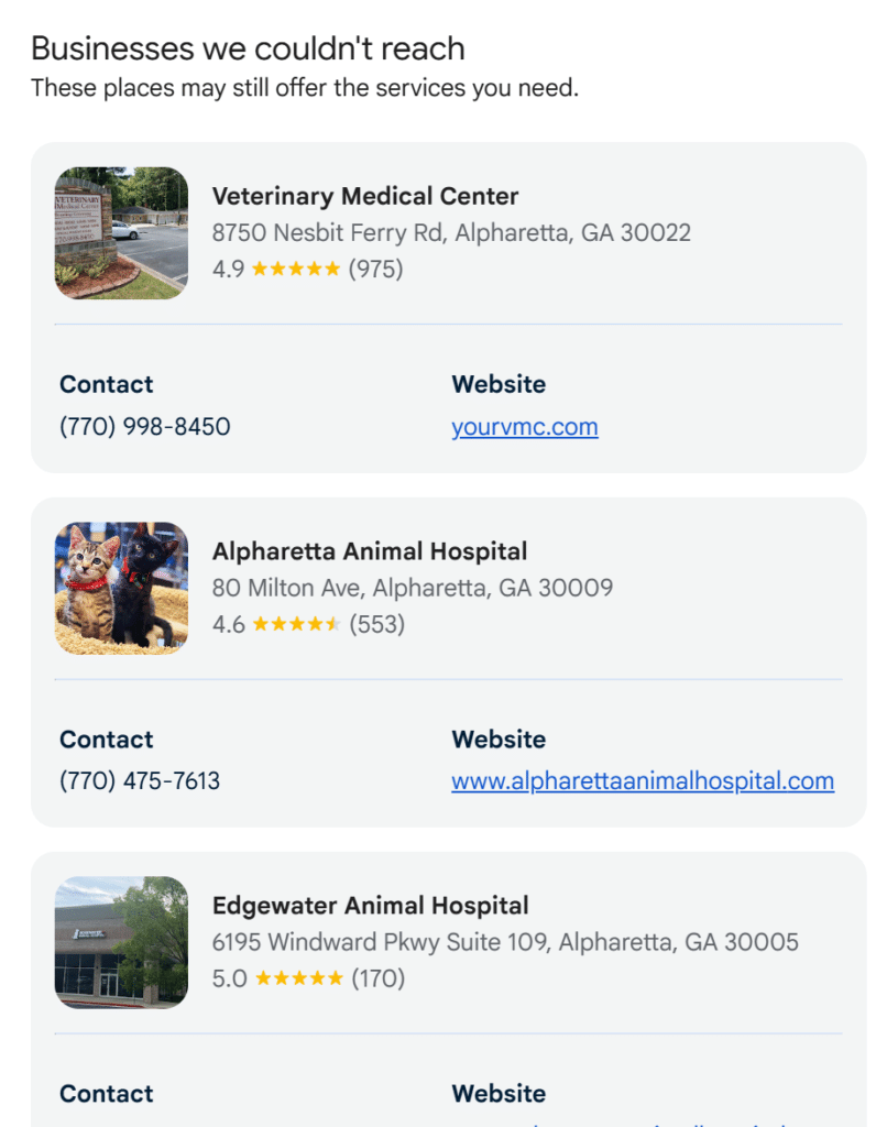 Google search results grouping veterinary clinics under businesses Google AI could not reach for pricing and appointment information.