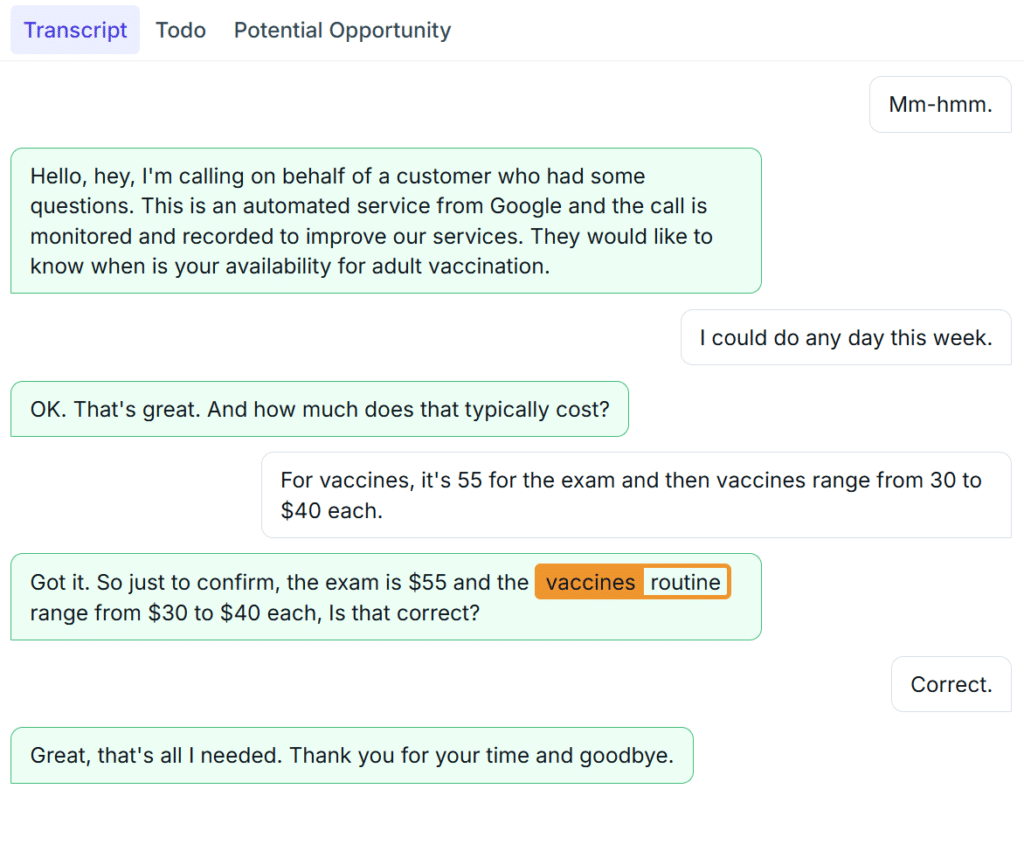 Transcript Google AI converstation and a veterinary clinic