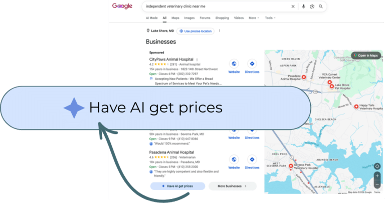 Transcript of a Google AI phone call requesting veterinary service pricing and appointment availability from a veterinary clinic.