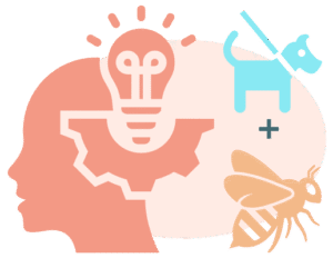 Face with lightbulb depicting AI thinking about dog plus bee