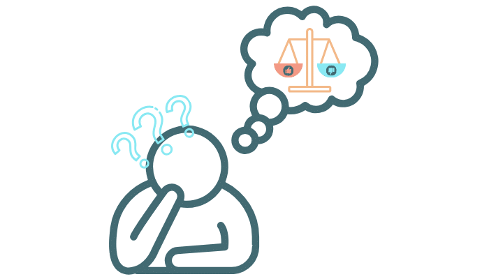 Person with question marks and thoughts weighing ChatGPT ads.