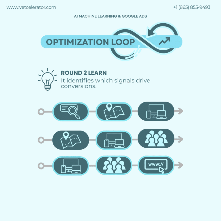 Machine learning identifies which Google Ads signals and combinations are associated with conversions for veterinary marketing campaigns.