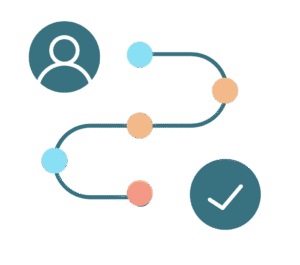 Person connected to a checkmark by a dotted line, representing all the necessary steps for a veterinary website.