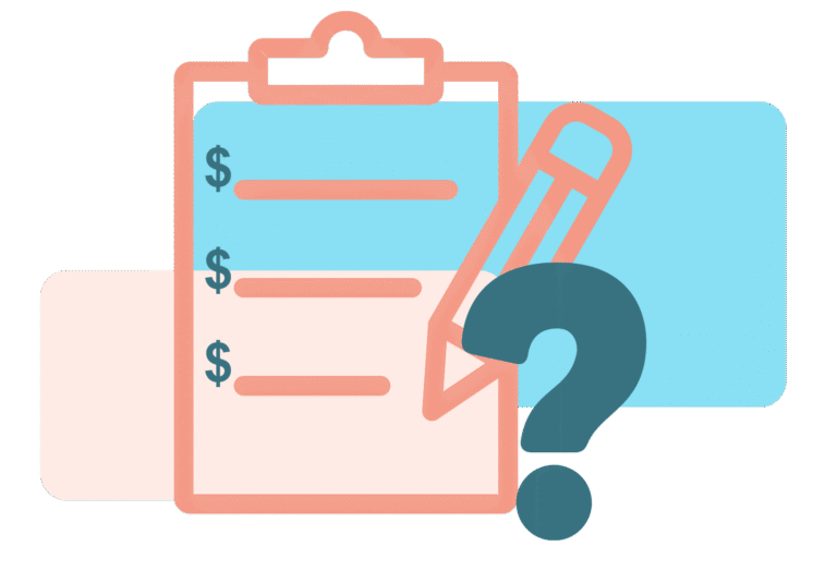 Clipboard with a question mark and dollar signs, representing trying to figure out public pricing list