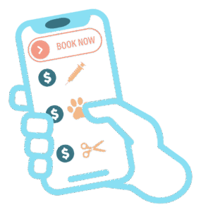 Hand holding a phone that is showing a price list on a veterinary website.