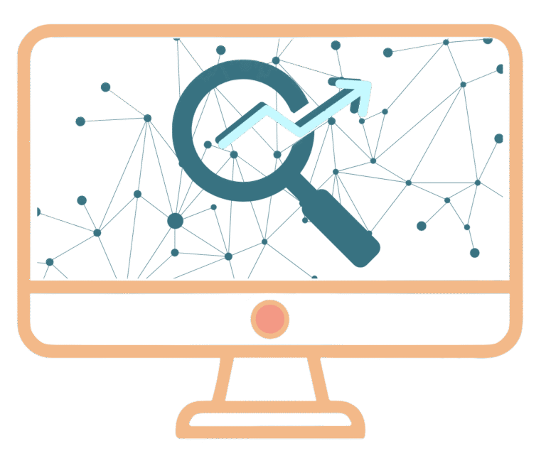 Computer with a magnifying glass and an upward arrow, showing how veterinary websites must have good SEO