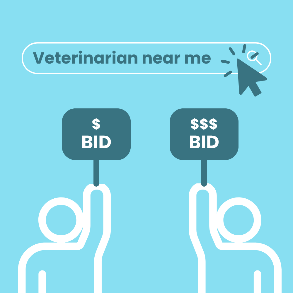 Conversion focused ads and machine learning compare Google Ads bids for high-intent searches like “veterinarian near me.”