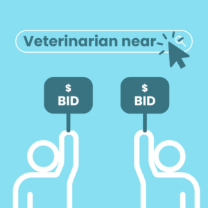 Two people holding bidding signs for a keyword