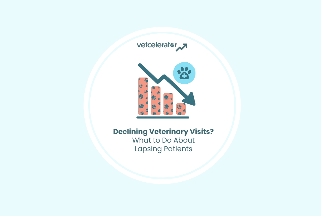 Bar graph trending down with a paw print, showing declining veterinary visits