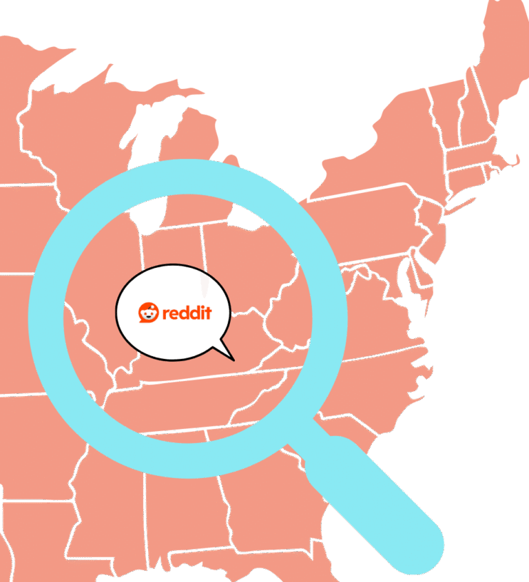 A map of part of the United States with a magnifying glass representing finding your local Reddit
