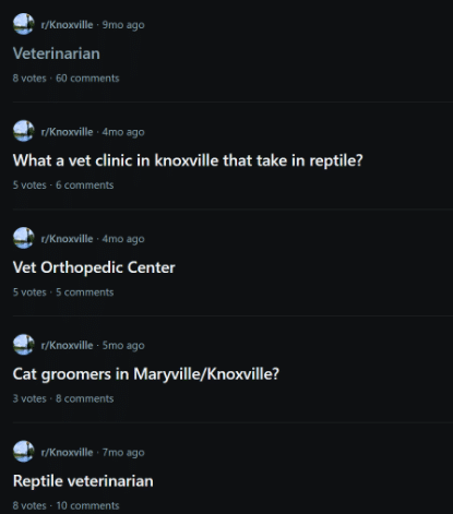 Screenshot showing pet owners asking for veterinarian recommendations