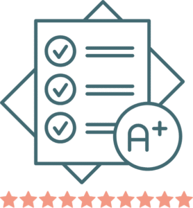 Multiple stars and papers with checkmarks and an A+ that represent positive reviews for a veterinary practice