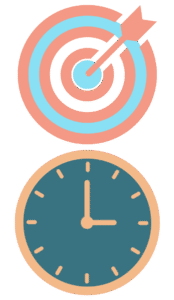 A target and a clock, representing setting training goals for a veterinary employee's first week
