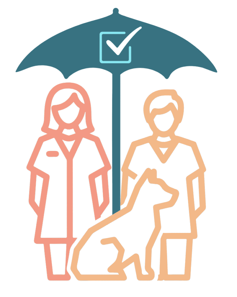 A dog and two veterinary clinic staff under an umbrella representing insurance coverage