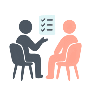 Veterinary mentorship illustration showing a mentor and employee reviewing a checklist of training goals and responsibilities.