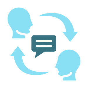 Veterinary mentorship illustration showing two people connected through circular arrows and a speech bubble representing ongoing feedback and communication.