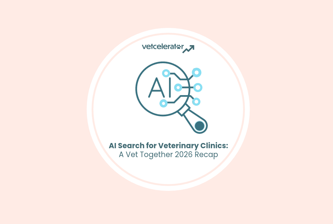 Vetcelerator graphic featuring AI inside a magnifying glass, representing AI search for veterinary clinics and insights from Vet Together 2026.