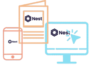Phone, computer, and brochure all showing Nest Veterinary logos