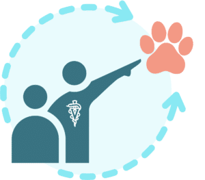 Veterinary mentorship illustration featuring a veterinary professional guiding a colleague toward career growth, with a circular arrow and paw print.