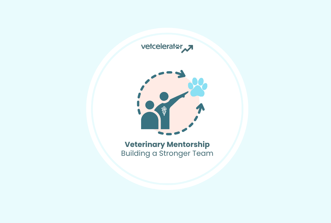 Veterinary mentorship illustration depicting two colleagues discussing professional development, feedback, and clinic training at a desk.
