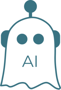 Cartoon ghost-shaped AI robot illustrating artificial intelligence and its role in veterinary content marketing.