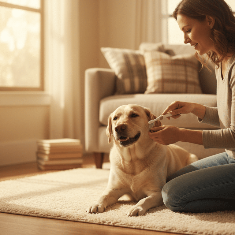 AI-generated image of a woman using a toothbrush near a Labrador retriever's ear, illustrating errors in veterinary marketing imagery.