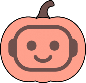 Friendly AI robot illustration shaped like a Halloween pumpkin, representing AI-generated seasonal marketing content.